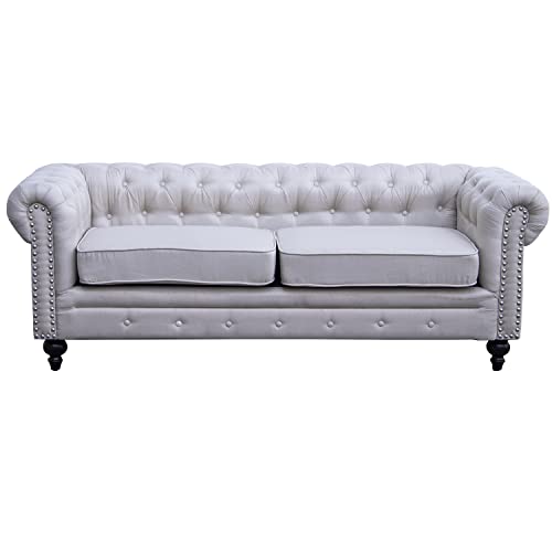 Sofá Chester de 3 Plazas con 2 Cojines de Tela y Madera en Beige 197x77x70cm