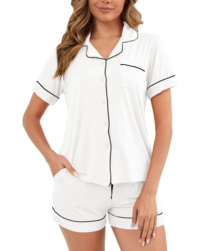Image of Womens Pajamas Set Short Sleeve Sleepwear Button Down Pjs Shorts Set Soft Pjs Lounge Set With Pockets