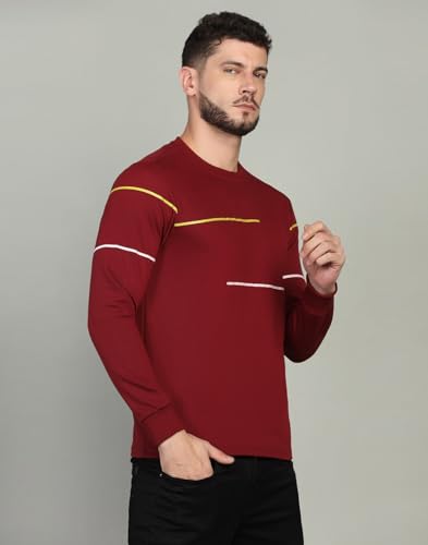 Image of INKKR Striped Men's Round Neck Maroon Full Sleeve T-Shirt