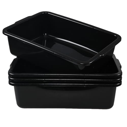 Easymanie 4 Pack Large Commercial Bus Tubs, 32 Liter Rectangle Dishpan, Black Plastic Meat Tubs