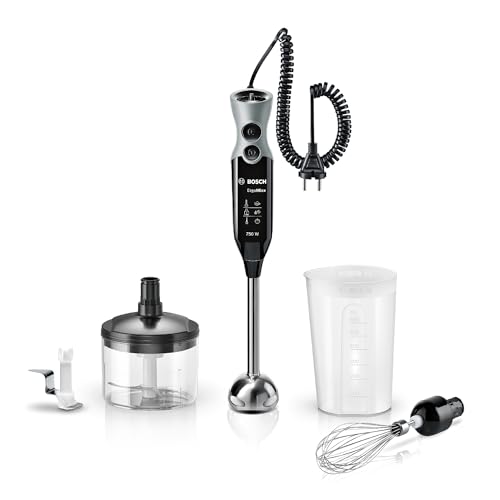 Bosch Frullatore a Immersione MSM67170, 750 W, 12 Velocità, Lama in Acciaio Inox, Impugnatura Ergonomica, Tritatutto, Lama Tritaghiaccio e Frusta Inclusi, Bicchiere Graduato, Cavo a Spirale, Nero