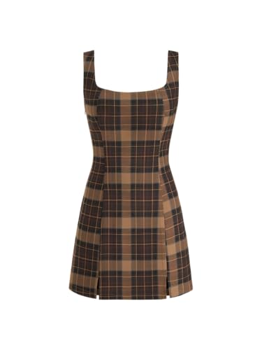 CIDER Mini Dress Plaid Checks Sleeveless Short Party Dress Scoop Neck Middle Waist Zipper Casual