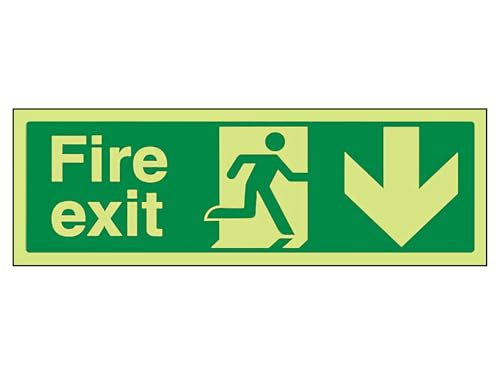 Image of The Workplace Depot Fire Exit Down Glow in the Dark Safety Sign – Landscape 150 x 450 mm Photoluminescent PVC Sign, Running Man & Down Arrow – For Offices, Warehouses & Public Buildings