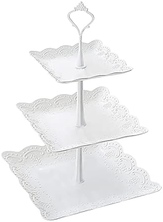 Cake Stand Cupcake, Stand Tower Dessert Display Plate 3-Tier Square White PP Serving Tray Dish Treat Stacked Pastry Fruit Serving Platter Tree Stand for Gift Tea Party Restaurant