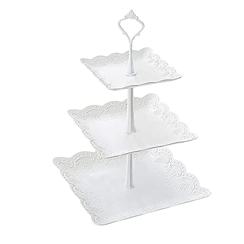 Cake Stand Cupcake, Stand Tower Dessert Display Plate 3-Tier Square White Pp Serving Tray Dish Treat Stacked Pastry Fruit Serving Platter Tree Stand For Gift Tea Party Restaurant #TOP23