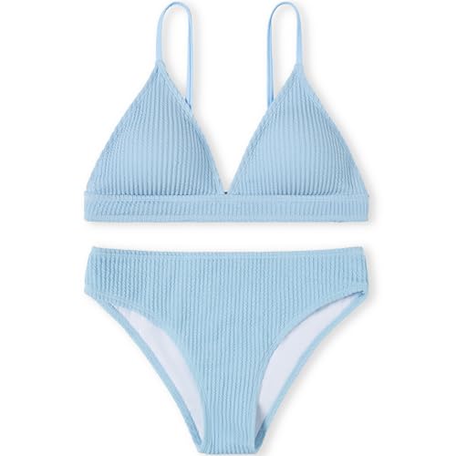 NUOYI PIEIN Girls 2 Piece V Neck Bikini Set Triangle Solid Sport Swimsuit for Beach (US Alpha X-Small Regular Blue)