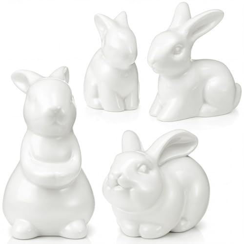Amyhill 4 Pcs Mini Bunny Figurine Ceramic Bunny Decoration Small White Rabbit Figurines Cute Porcelain Decor Spring Rabbit Ornament for Summer Tabletop Centerpiece Office Room Home Decor