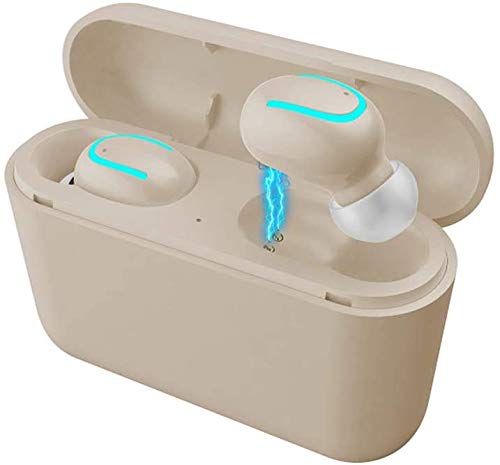 Auriculares inalámbricos Bluetooth 5.0 con Estuche de Carga inalámbrico Auriculares de micrófono a Prueba de Agua IPX8 Sonido Premium con Graves Profundos para Deporte, Gimnasio, Correr,Beige Cover