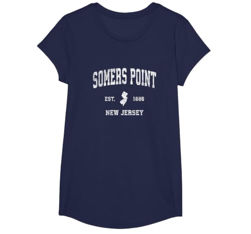 Somers Point New Jersey NJ Vintage Athletic Sports Design T-Shirt, Girls, Navy Blue, Large