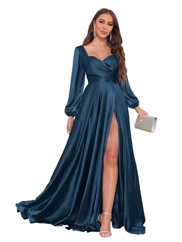 Long Sleeve Satin Bridesmaid Dresses for Women with Pockets V Neck Pleated Formal Evening Gowns