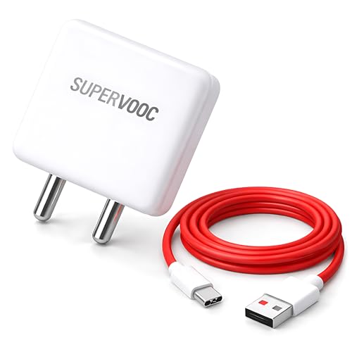 65 W SuperVOOC 6 A 65 Watt -VOOC, Dart, WARP, Dash Charging Adapter with Red Type C Cable Travel Fast Charger (White, Red Cable Included)