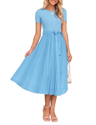 ZESICA Womens 2026 Summer Short Sleeve Midi Dresses Crewneck Knit Belted Pleated Business Work Cocktail A Line Flowy Dress Light Blue Small