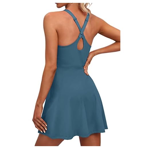 IUGA Womens Tennis Dress Built in Shorts & Bra Adjustable Straps Exercise Workout Dress with Pockets Golf Athletic Dresses Sea Blue