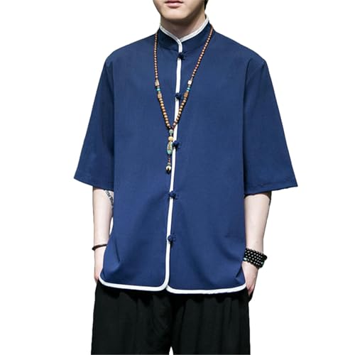 Chemise d'été vintage homme anti-transpiring en coton et lin boutons grenouille