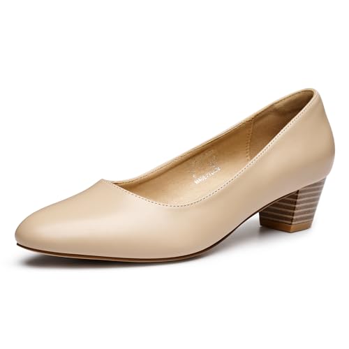 Trary Low Nude Heels for Women Closed Toe Chunky Block 1.8 Inch Women's Heels Pumps Comfortable Dressy Work Casual Shoes for Wedding Office Business PU Size 7