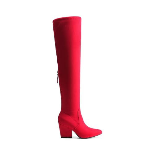 DREAM PAIRS Women's Pointed Toe Thigh High Over the Knee Boots Tall Chunky Blocked Heel Fall Long Fashion Sexy Boots,Size 10,Red,DWUMOB2506
