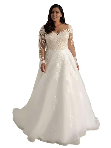 Long Sleeve Wedding Dress for Bride Plus Size V Neck Lace Appliques Bride Dresses A Line Tulle Long Bridal Gowns for Women with Train A-Ivory