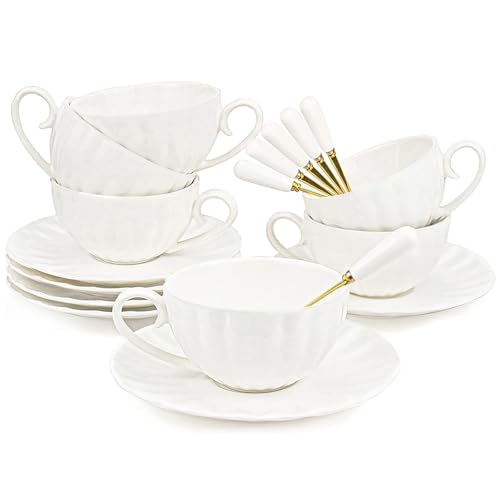 Yesland Set of 6 Royal Tea Cups and Saucers, 180ml White Porcelain Tea Set & British Coffee Cups, Latte Cups and Espresso Mug for Specia