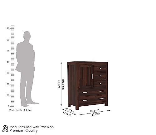 Image of Solid Sheesham Wood Wooden Sideboard Storage Cabinet & Chest of Drawer : Ideal for Living Room and Bedroom with 5 Drawers and 1-Shelf Storage (Avalon, Walnut Finish)