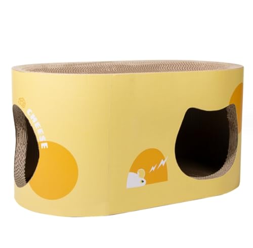 猫用ボール紙ひっかき板付き木製猫の家 大きい猫砂トンネル 両面利用高密度爪とぎ 猫おもちゃ (イエロー)