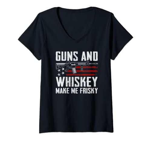 Womens Guns And Whiskey Make Me Frisky - Drinking Joke Funny Gun V-Neck T-Shirt