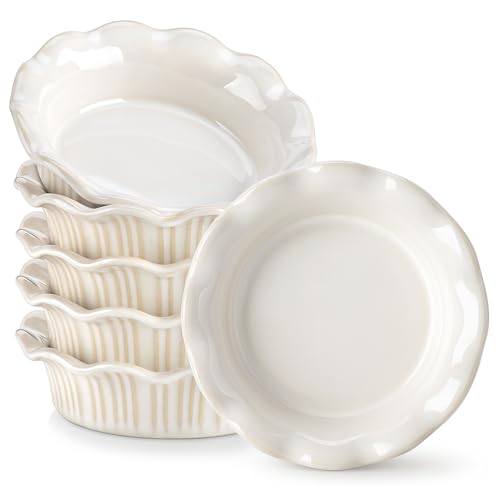 vancasso Mini Pie Pans Set of 6, 5.2 Inch Ceramic Deep Dish Pie Plates with Ruffled Edge for Baking, Microwave & Oven Safe, White