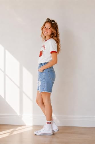 Image of Azmxynol Tween Girl Clothes Summer 2 Piece Outfit Set Trendy Tee Shirt + Denim Shorts, Size 7-16 Years
