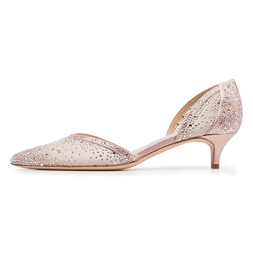 Image of XYD Women's Pumps, Elegant Pointed Toe, D'Orsay Kitten Low Heels, Rhinestone Studs, Slip-On Satin Shoes for Wedding