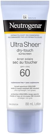 Neutrogena Ultra Sheer Dry-Touch Sunscreen Lotion, Broad Spectrum SPF 60 UVA/UVB Protection, Oxybenzone-Free, Light, Water Resistant, Non-Comedogenic & Non-Greasy, 88 mL