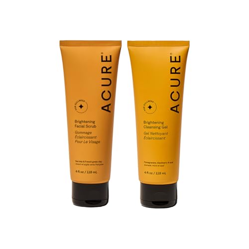 Acure Brightening Facial Scrub & Cleansing Gel Combo Pack - Exfoliating Face Wash & Gentle Daily Facial Cleanser for Radiant Skin with Sea Kelp, Pomegranate & Acai, 100% Vegan - 4 fl oz (2 Pack)