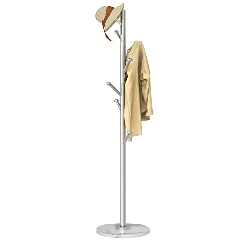 Homde Metal Coat Rack Stand With Natural Marble Base, Stainless Steel Freestanding Coat Tree Hanger With 8 Hooks, Hall Tree For Clothes Jackets Hat Scarves Handbags Entryway Bedroom (Silver) #TOP5