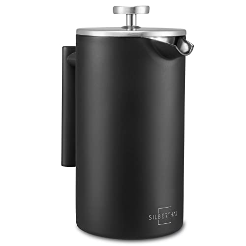 SILBERTHAL French Press Coffee Cafetiere 1L 8 Cups - 100% Stainless Steel - Double Wall Vacuum Insulation - Black