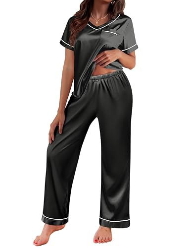 Ekouaer Silk Pajama Set for Women Satin Pj Set Short Sleeve Pajamas Set for Women Satin Silk Long Pant Pj Set Sleepwear Two Piece Nightwear Black L