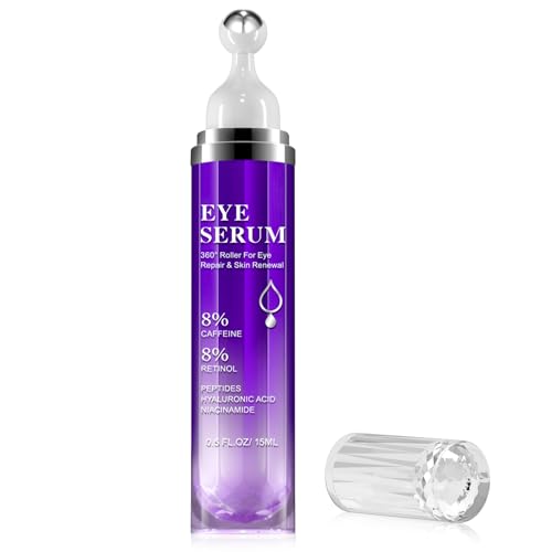 Crema de ojos con 8% de cafeína con bola de rodillo de masaje de 360 ° – Suero de tratamiento bajo los ojos para arrugas, líneas finas y tonificación, ojeras e hinchazón, cuidado de la piel y