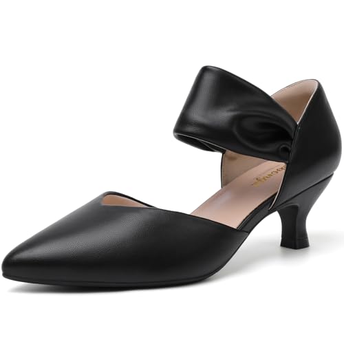 RIBONGZ Kitten Heels for Women Closed Toe Comfortable Low Heels Pointed Toe Sexy Slip on Pumps Bridal Party Dressy Shoes