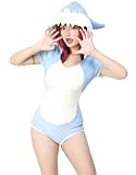 Mobbunny Women's Shark Romper Crotch Onesie Pajama Blue Sleepwear Loungewear Hooded Homewear
