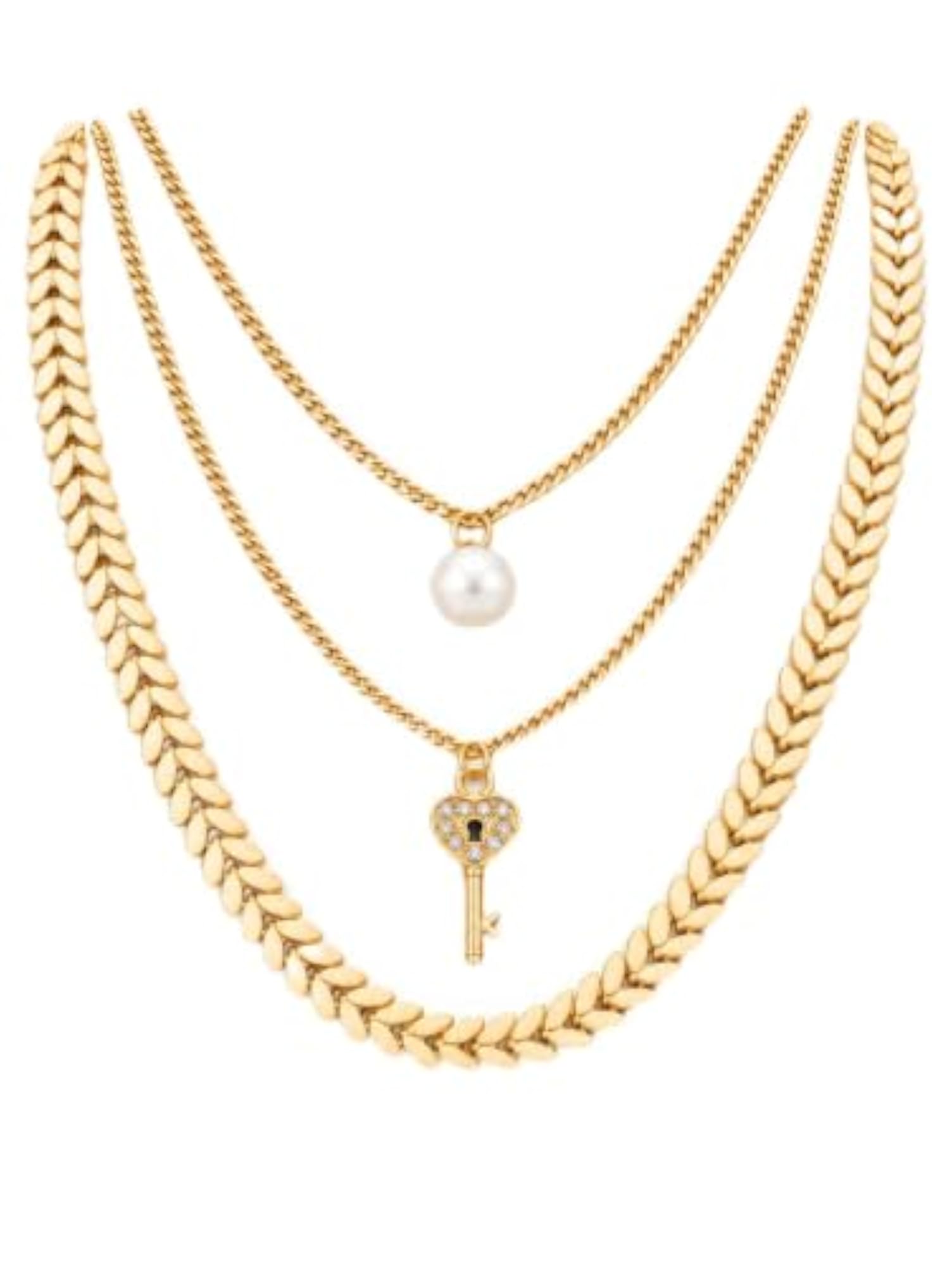 Women's 18K Gold Plated Layered Pearl & Charm Necklace Set
