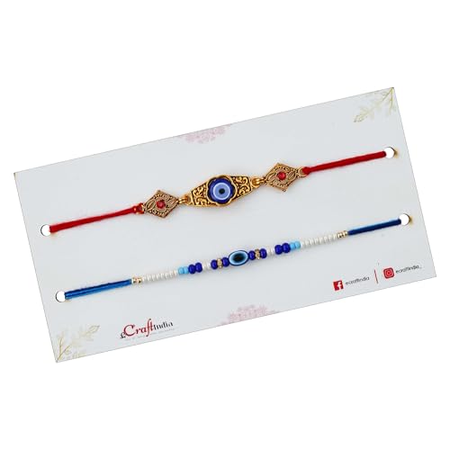 Image of eCraftIndia Set of 2 Evil Eye Designer Rakhis for Brother with Roli Chawal Pack | Raksha Bandhan Rakhi