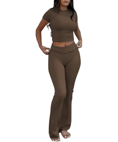 COPYLEAF Two Piece Lounge Sets for Women Fold Over Flare Pants Short Sleeve Crop Top Y2k Outfits Matching Set Tracksuit(Brown S)