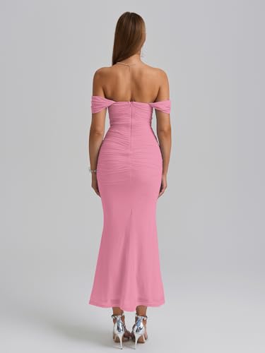 Image of KUTUMAI Off The Shoulder Maxi Long Dress Corset Ruched Bodycon Cocktail Formal Wedding Guest Dresses for Women