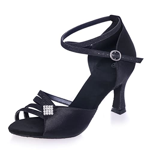 PALHERU Bout Ouvert Chaussures De Danse Latine Femmes Talon Évasé Sandales Semelle en Daim Chaussures De Danse De Salon Modernes Tango Salsa avec Boucle,Noir,41 EU Cover