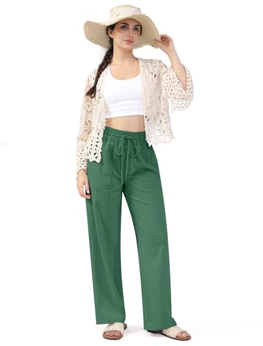 Linen Flowy Palazzo Pants for Women Summer Wide Leg Beach Casual Vacation Pants Trousers with 4 Pockets4