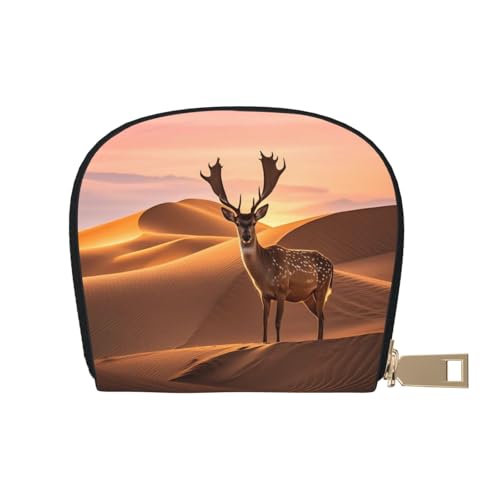 Desert Dunes and Deer Print Credit Card Holder, PU Leather Small Card Bag Wallets with Zipper for Women Men id Business Card