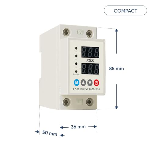 Image of AZIOT Automatic Over & Under Voltage Protector 40A | Adjustable Voltage & Reconnect Delay Settings | LED Display | Single Phase 230V | Auto Recovery Protection | DIN Rail Mounted for Home & Office