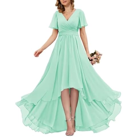 CIYUGNGJG Women's V Neck High Low Bridesmaid Dress Chiffon Flutter Sleeve Maid of Honor Dress for Wedding A Line Pleated Evening Dress Mint Green Cover