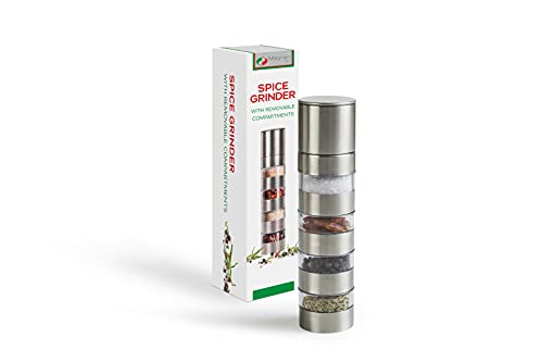 MAGNANI Moulin à épices 4 en 1 pour épices et herbes aromatiques, Moulin à sel et à poivre multifonctionnel avec 4 compartiments, Moulin à main en verre et acier inoxydable, 21 x Ø 5 cm Cover