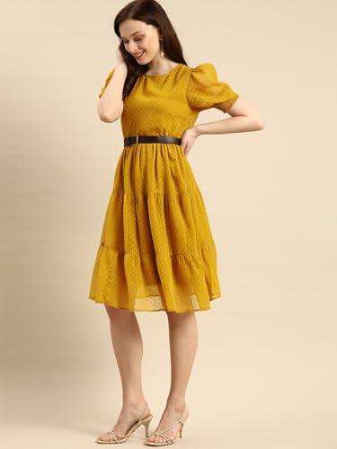 Image of Amazon Brand - INKAST Women A-Line Midi Dress | Puff Sleeves | Perfect for Casual and Semi-Formal Occasions