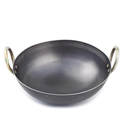 Image of VISMAY'S 9 Inch 600 ML Food Grade Iron Kadhai Wok Frypan Lohe ki Kadai Smooth Edges Riveted Handles Deep Frying, Roasting Metal Spoon Friendly Traditional Indian Cooking Durable Kitchen Cookware