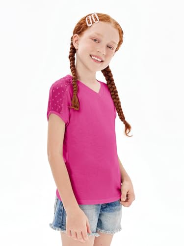Image of Haloumoning Girls V Neck T-Shirts Kids Summer Swiss Dot Short Sleeve Tops Cute Fashion Tees 5-14 Years