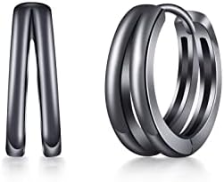 PHNIBIRD Black Double Hoop Earrings Men and Women 925 Sterling Silver Split Hoop Huggie Earrings for Teen Boys Simple Stylish 15MM''